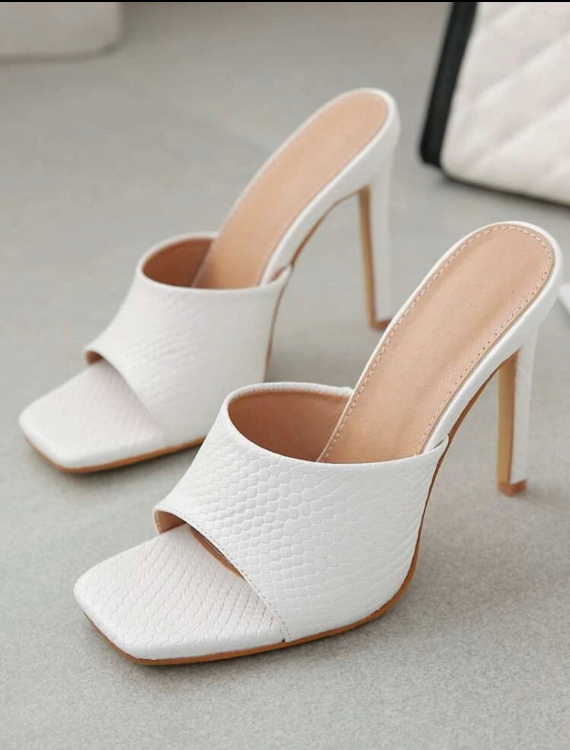 White snakeskin heeled